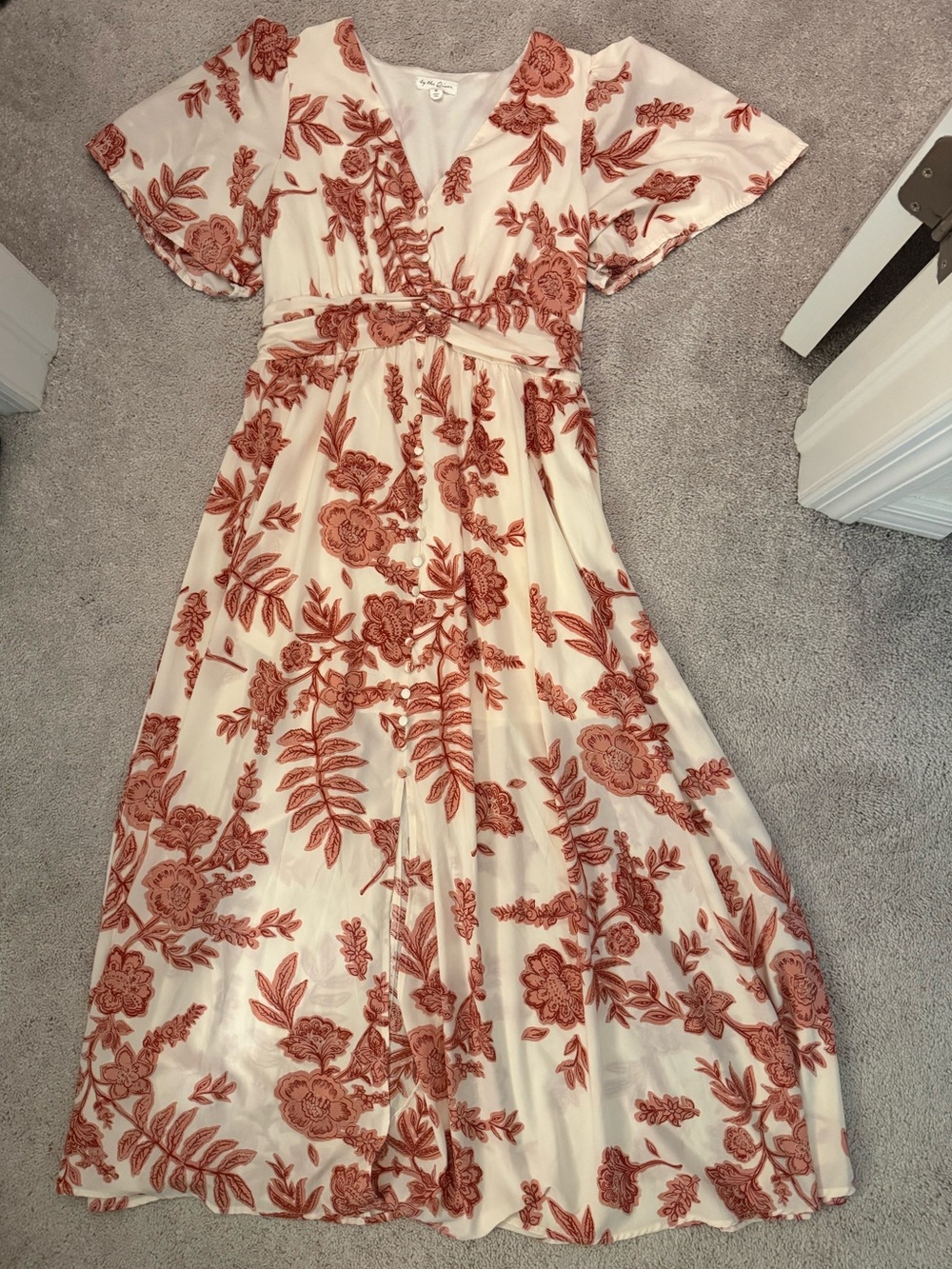 Floral V-Neck Maxi Dress in Cream with Rust Floral Print